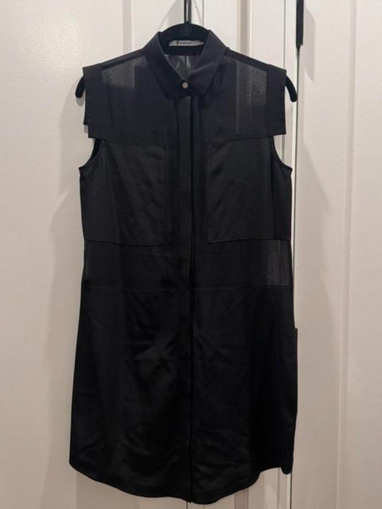 Alexander Wang Black Sleeveless Dress Button-Up Front Sheer Mesh Panels #Chic